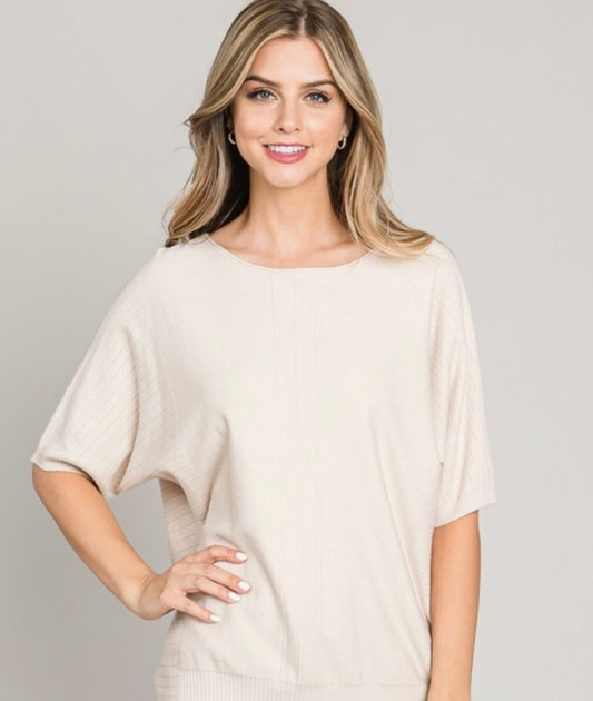 Soft fine gauge short sleeve dolman sweater