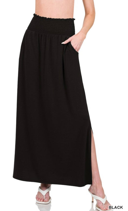 Smocked Waist Side Slit Maxi Skirt with Pockets