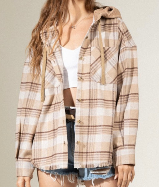 Plaid Hooded Frayed Hem Jacket