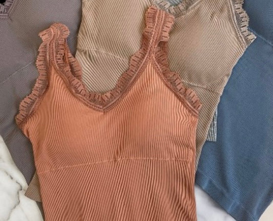 Brown Lace Trim Ribbed Tank