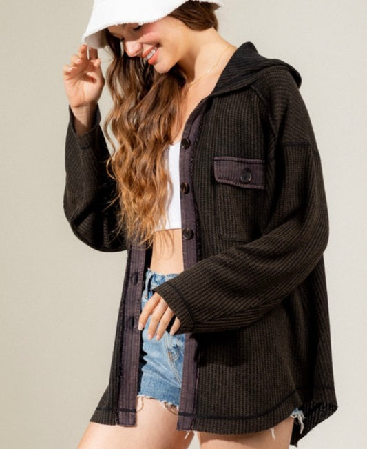 Hooded Ribbed Solid Knit Jacket