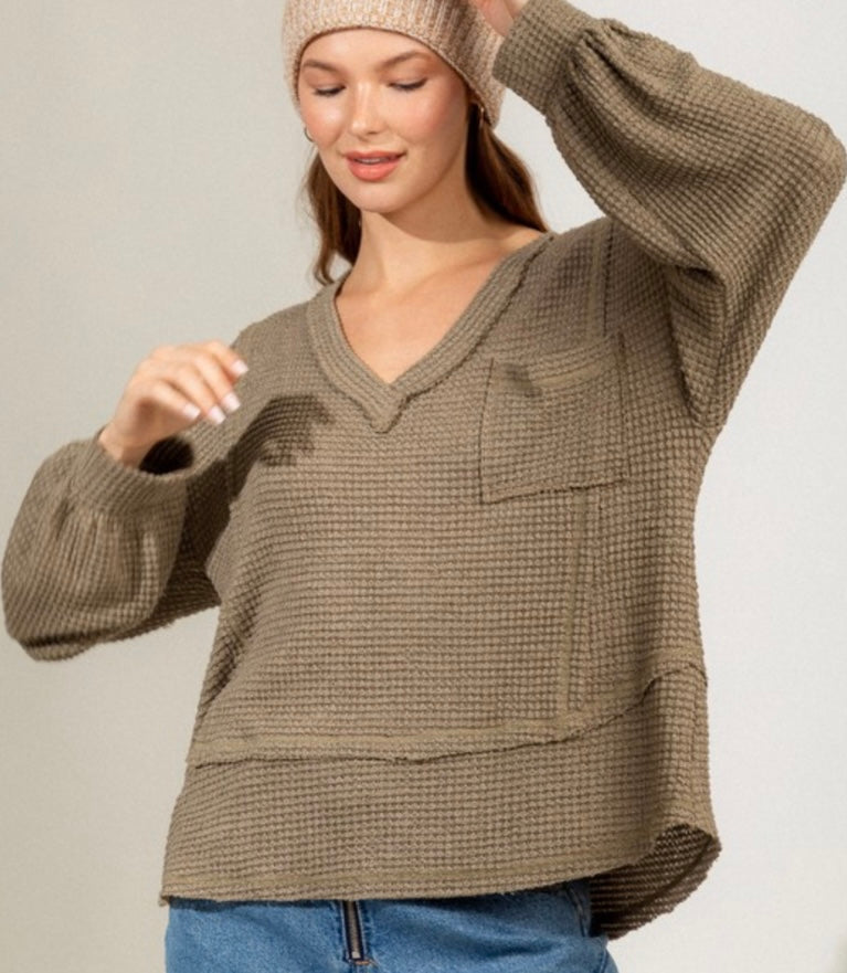 V-Neck Casual Waffle Knit Top