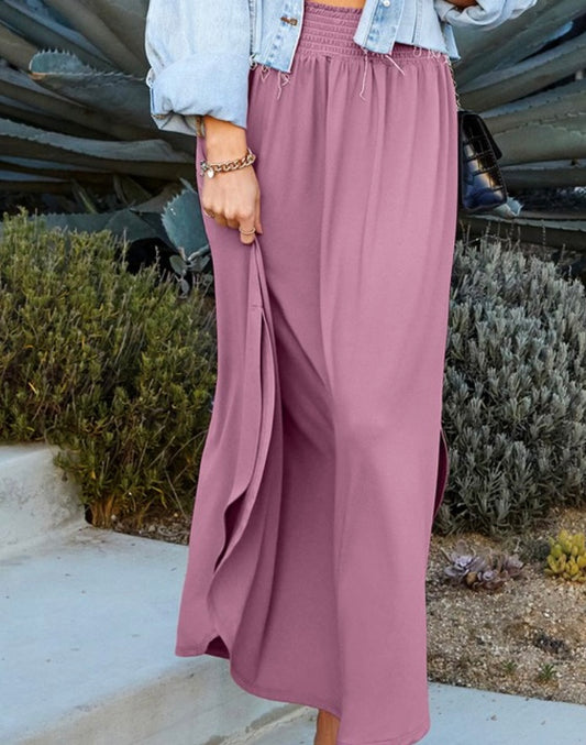 Smocked Waist Side Slit Maxi Skirt with Pockets