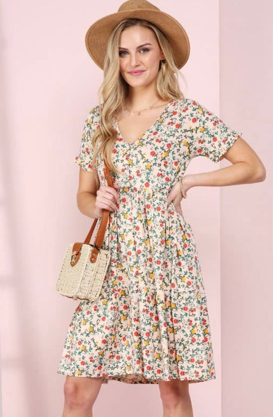 V-Neck Floral Button Down Ruffle Sleeve Dress