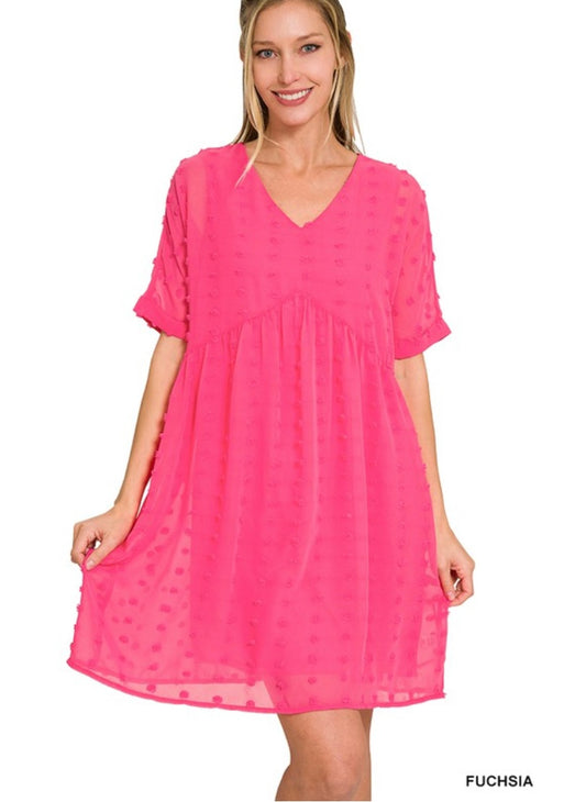 Swiss Dot Babydoll V-Neck Dress